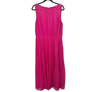 Ann Taylor Petite Dot Pleated Flare Dress Hot Pink Boat Neck Sleeveless Sz 10